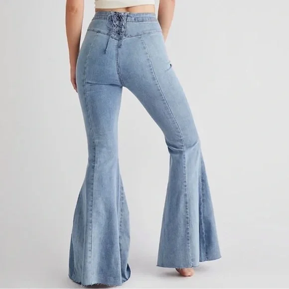 We The Free Free People CRVY Ma Cherie High Waist Lace Up Back Flare Jeans 31 - Picture 4 of 8